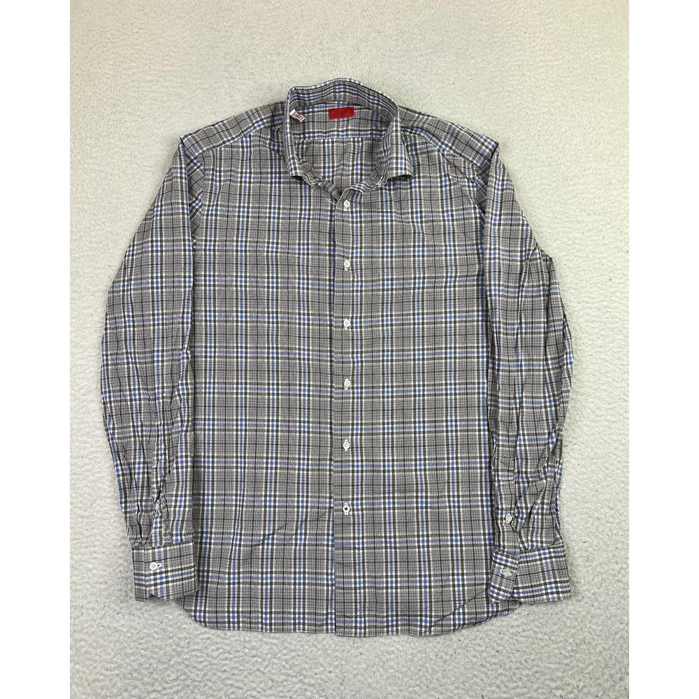 Isaia Napoli Shirt Mens 16 41 Blue Gray Plaid Long Sleeve Made In Italy Dress